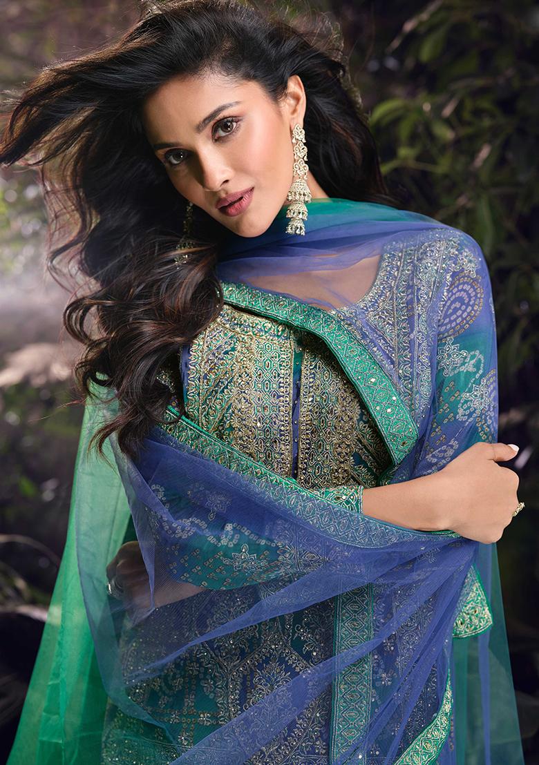 Blue  Embroidered Chinnon Salwar Kameez