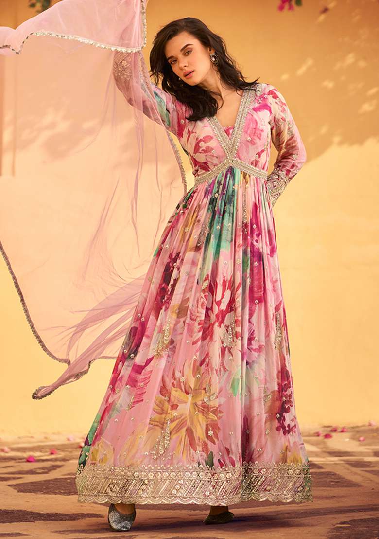 Pink Floral Print Chinon Anarkali Set - Indya