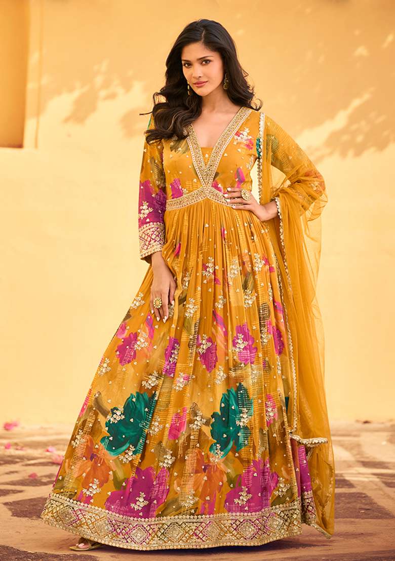 Mustard Embroidered Chinon Anarkali Set - Indya