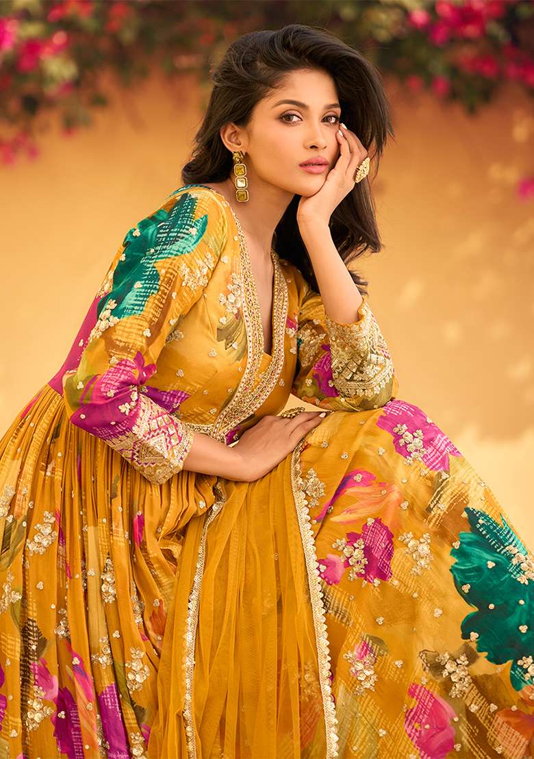 Mustard Embroidered Chinon Anarkali Set - Indya