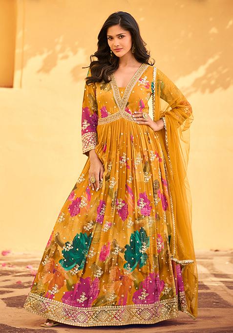 Mustard Embroidered Chinnon Salwar Kameez