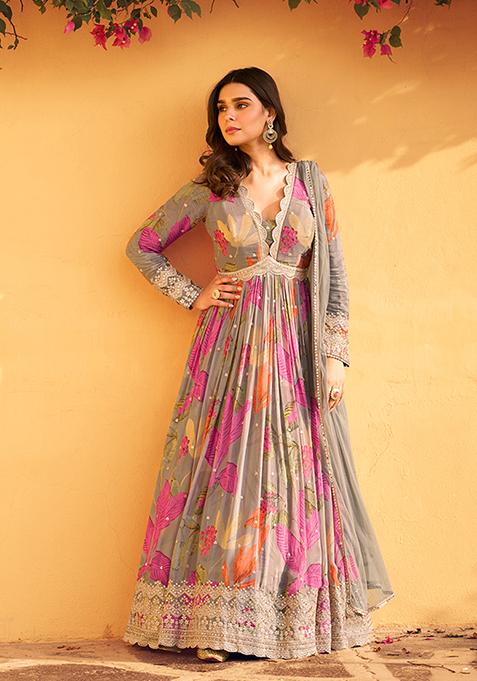 Grey Embroidered Chinnon Salwar Kameez