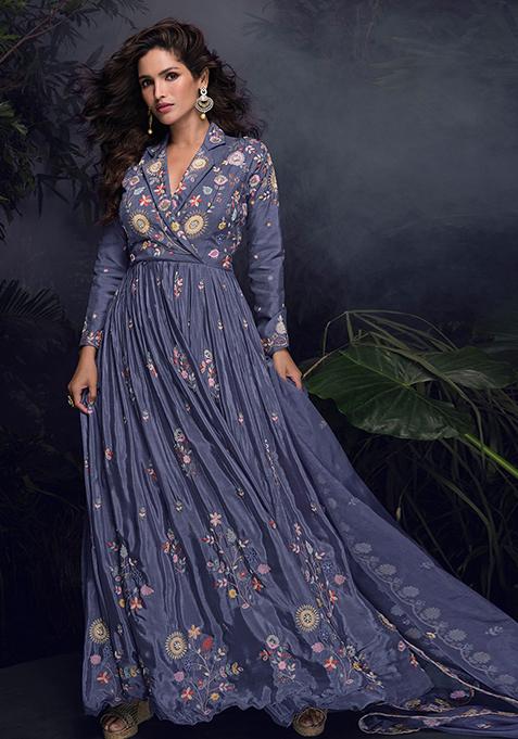 Purple Embroidered Chinnon Salwar Kameez