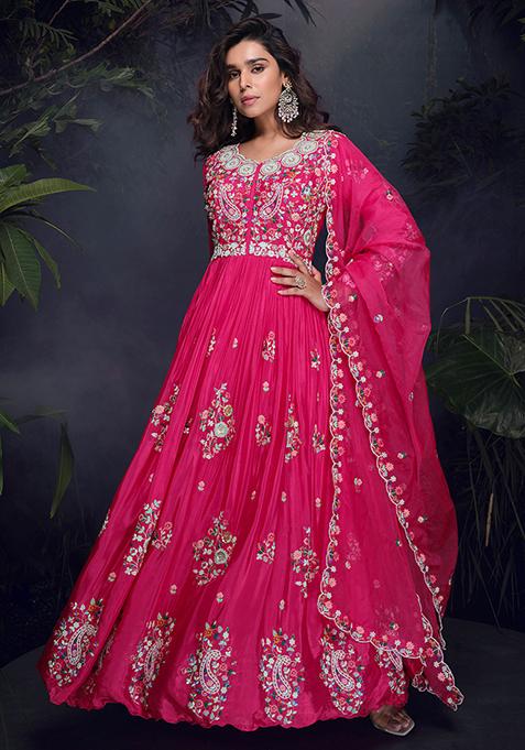 Pink Embroidered Chinnon Salwar Kameez