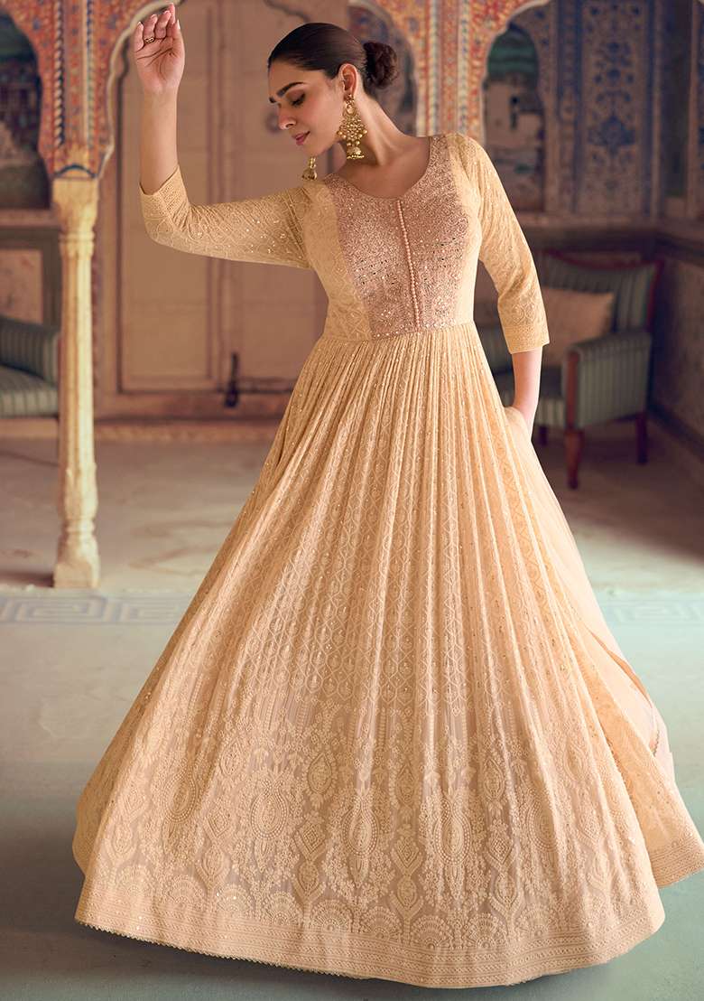 Peach Chikankari Georgette Anarkali Set - Indya