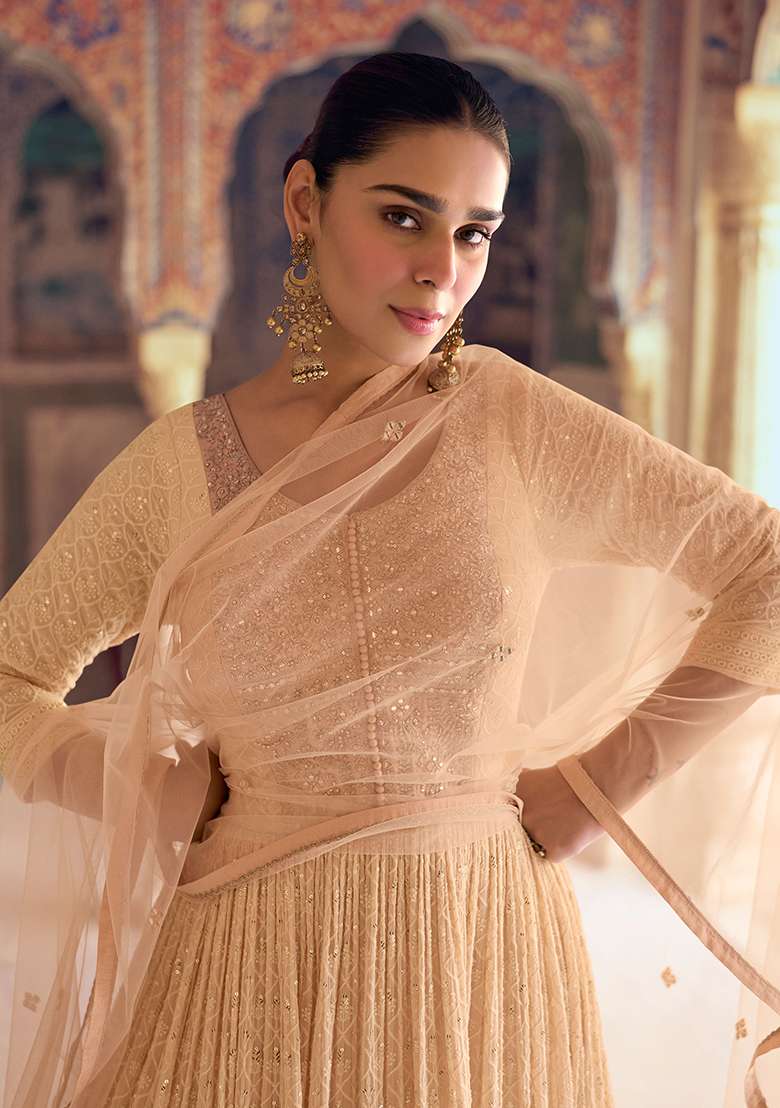 Peach Chikankari Georgette Anarkali Set - Indya