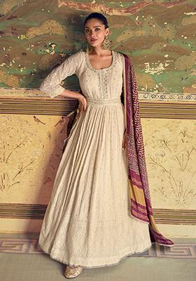 Off White Embroidered Georgette Salwar Kameez