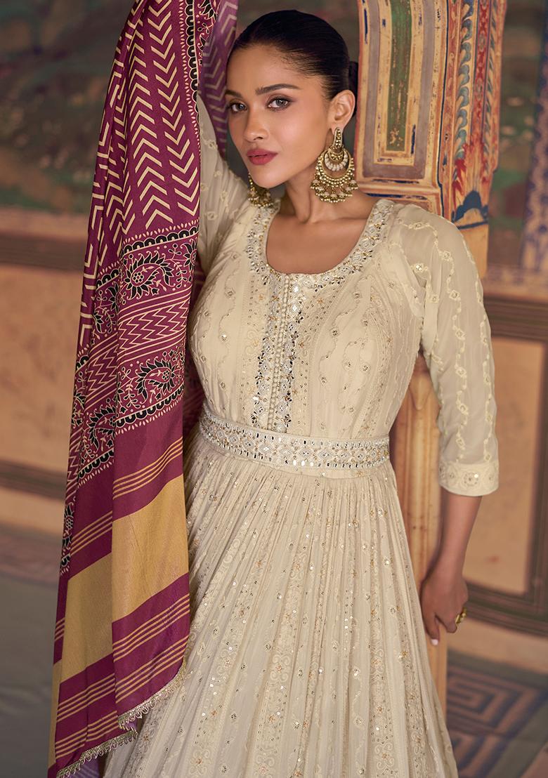 Off White Embroidered Georgette Salwar Kameez