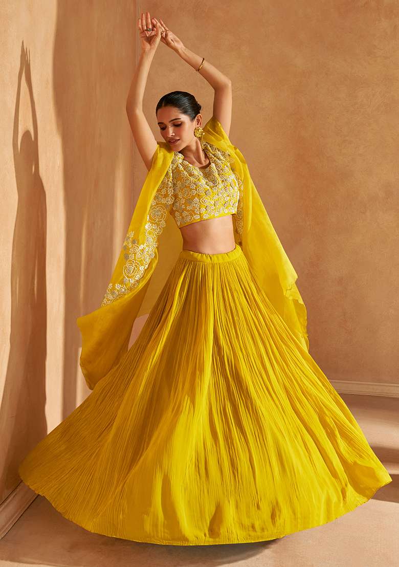 Yellow Embroidered Chinon Sharara Set - Indya
