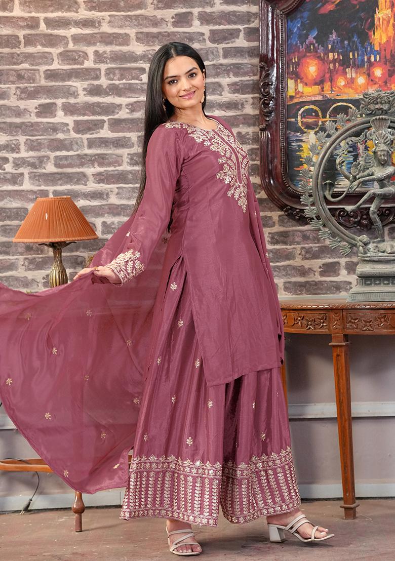 Pink Embroidered Chinon Kurta Set