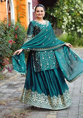 Teal Green Embroidered Chinon Kurta Set