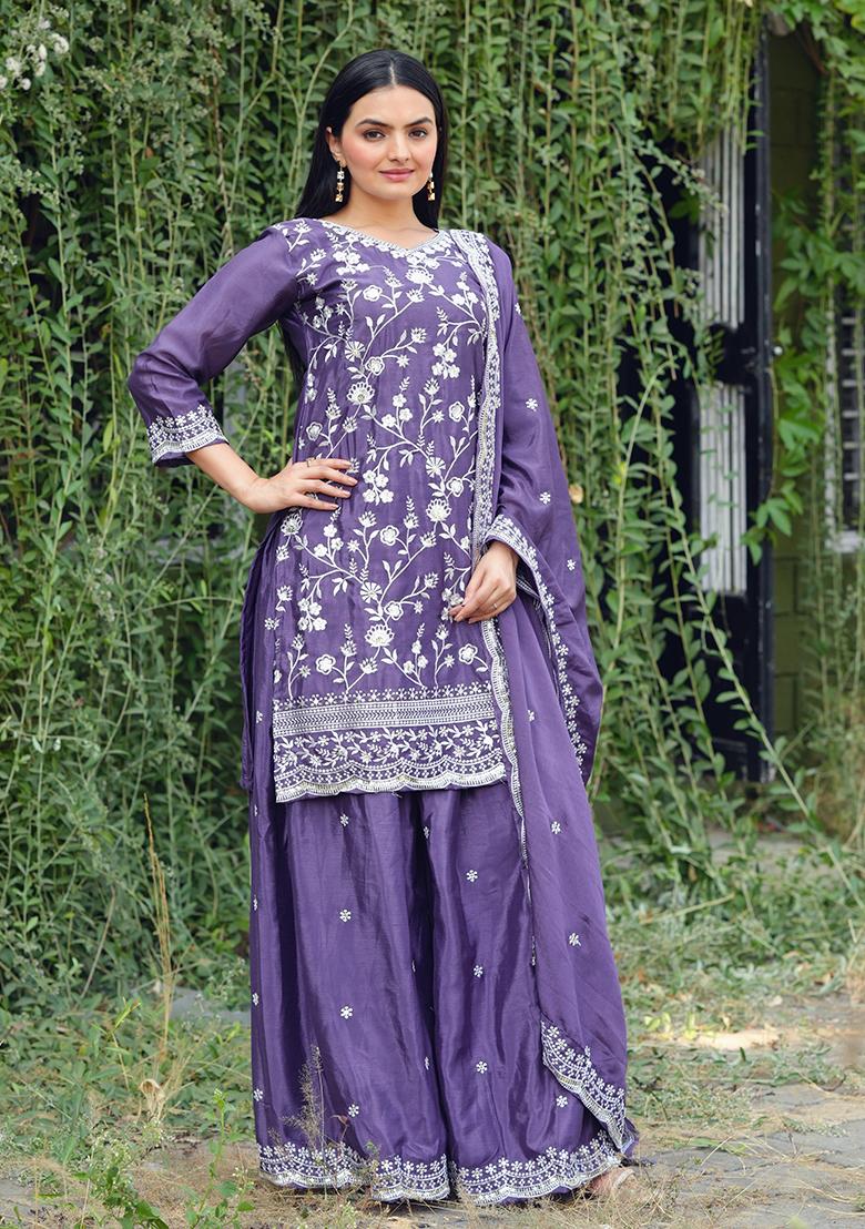 Lavender Embroidered Chinon Kurta Set