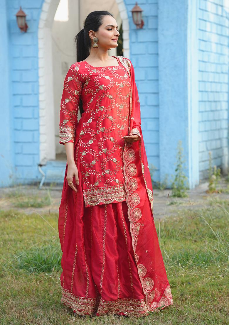 Rani Pink Embroidered Silk Kurta Set