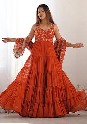 Rust orange Embroidered Georgette Anarkali Set