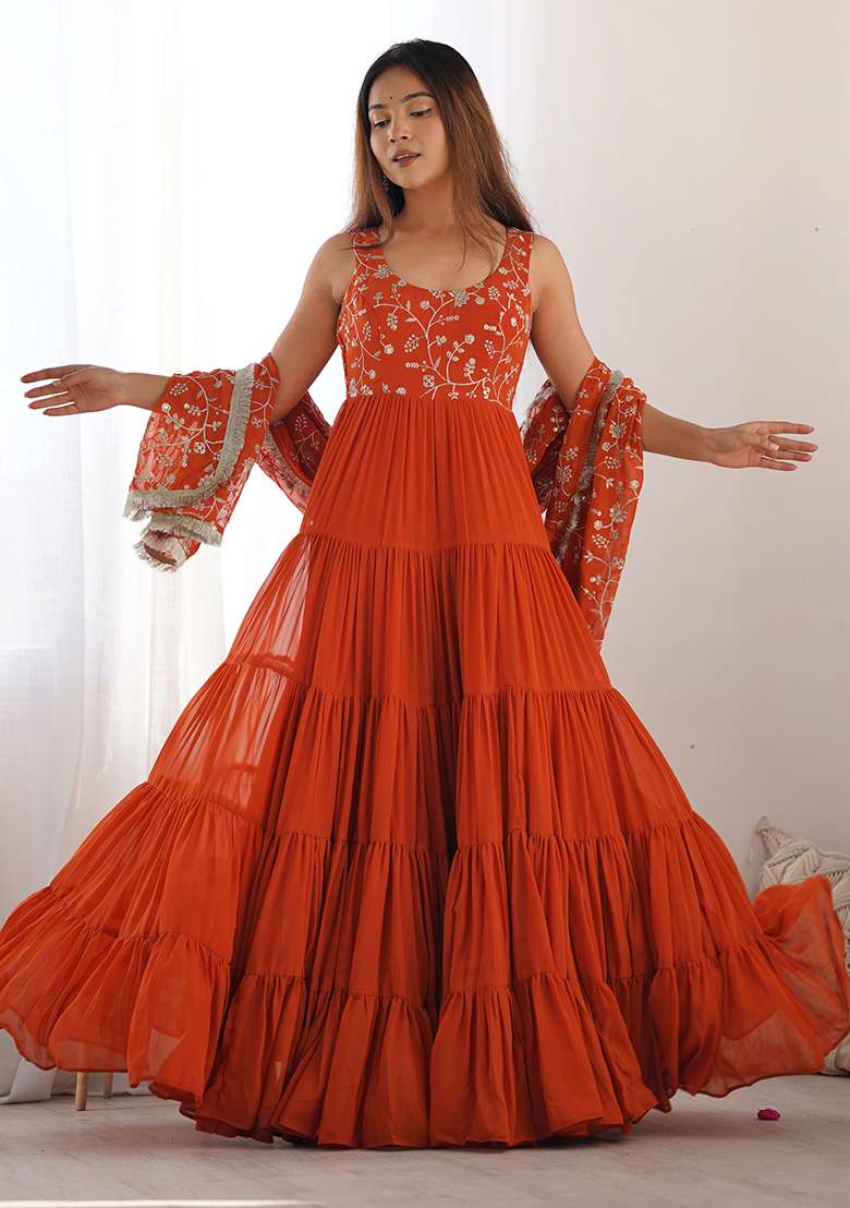 Rust Orange Embroidered Georgette Anarkali Set - Indya