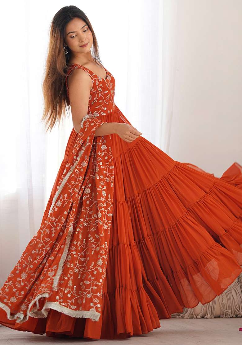 Rust Orange Embroidered Georgette Anarkali Set - Indya