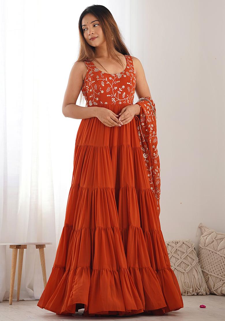 Rust orange Embroidered Georgette Anarkali Set