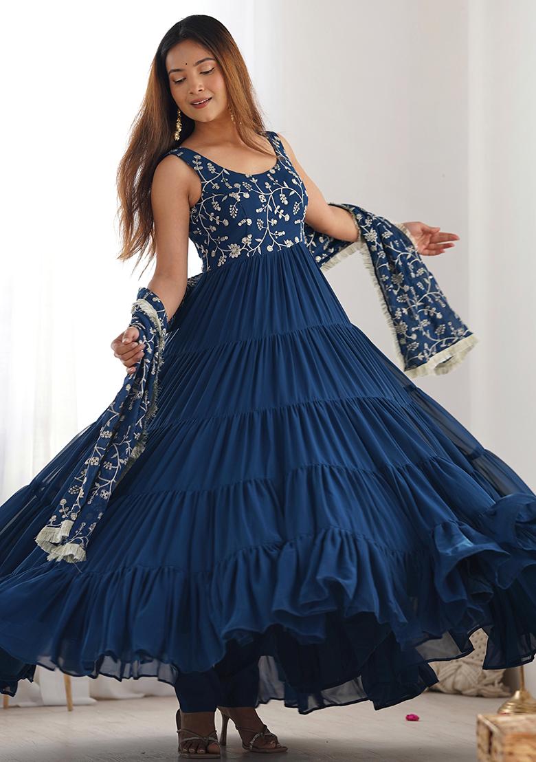 Teal Blue Embroidered Georgette Anarkali Set