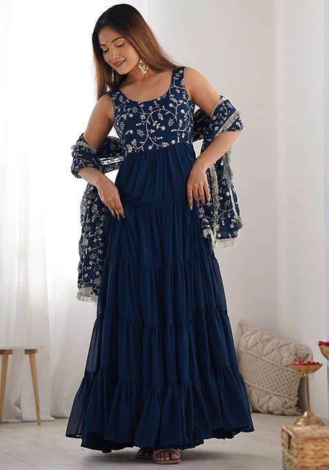 Teal Blue Embroidered Georgette Anarkali Set