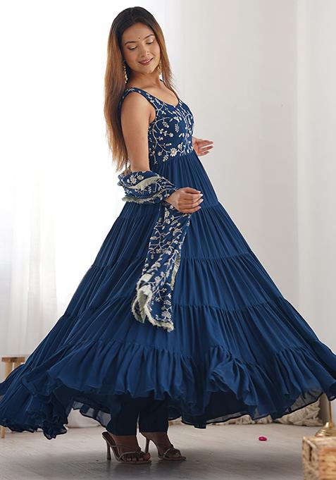 Teal Blue Embroidered Georgette Anarkali Set