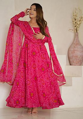 Rani Pink Digital Print Chiffon Anarkali Set