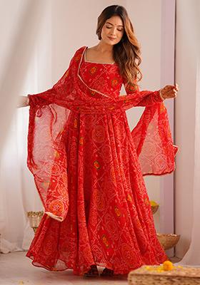 Red Digital Print Chiffon Anarkali Set