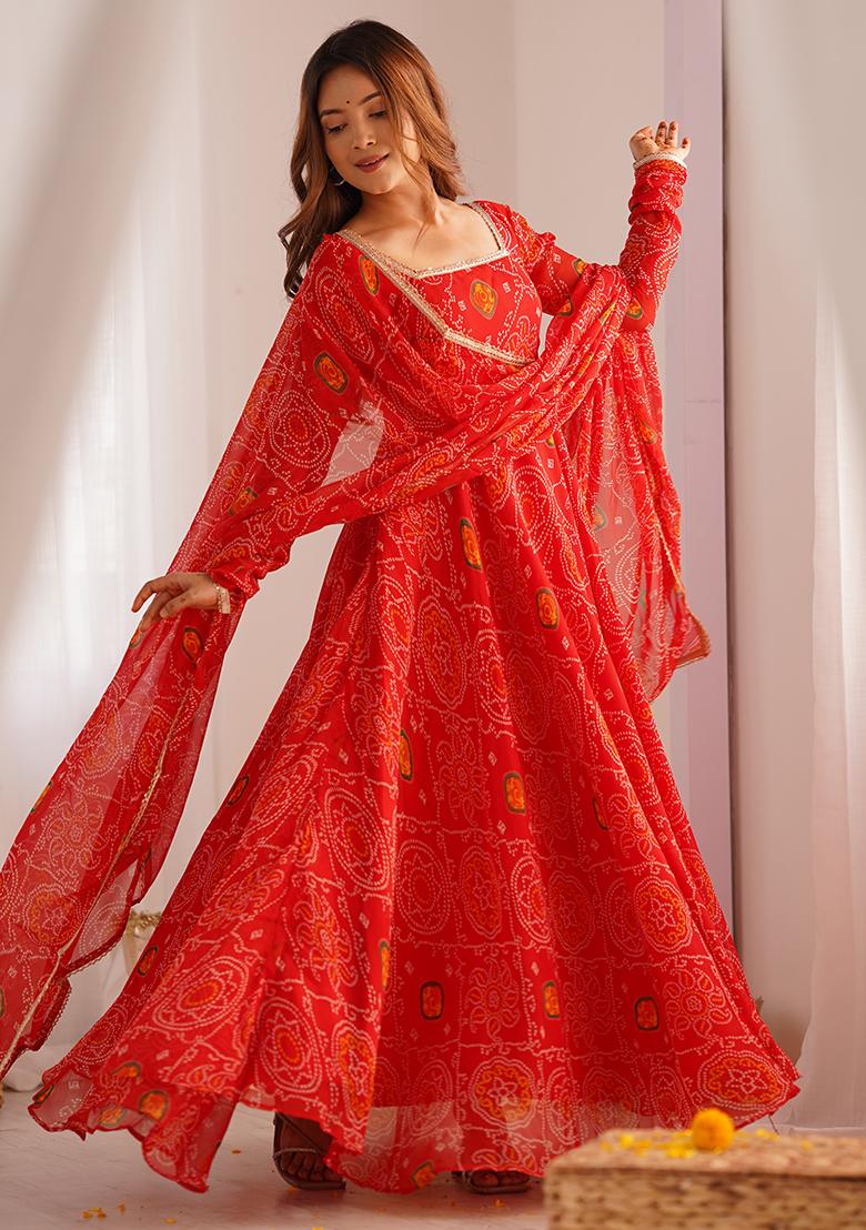 Red Digital Print Chiffon Anarkali Set