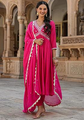 Rani Pink Embroidered Chanderi Silk Kurta Set