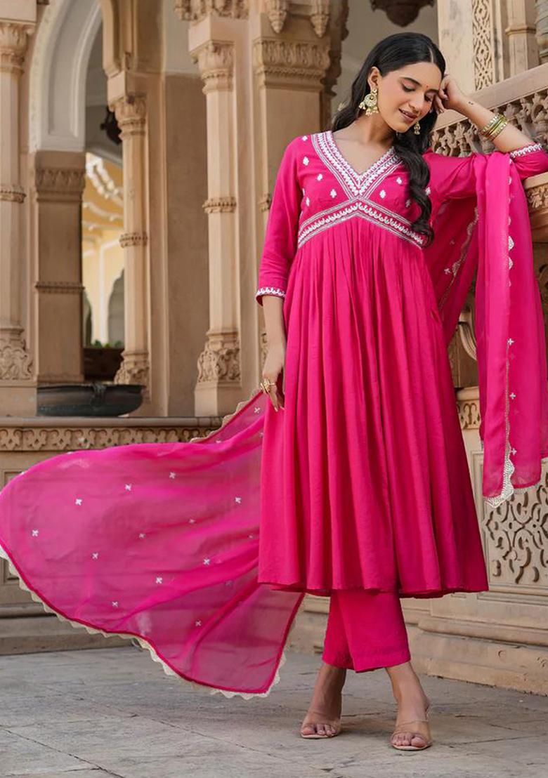 Rani Pink Embroidered Chanderi Silk Kurta Set