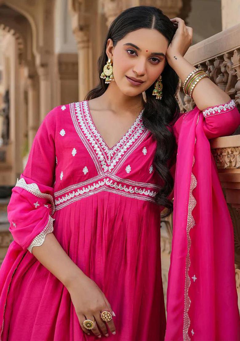 Rani Pink Embroidered Chanderi Silk Kurta Set