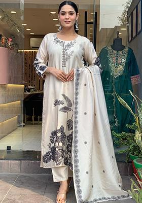 Off White Floral Print Chanderi Silk Kurta Set With Dupatta