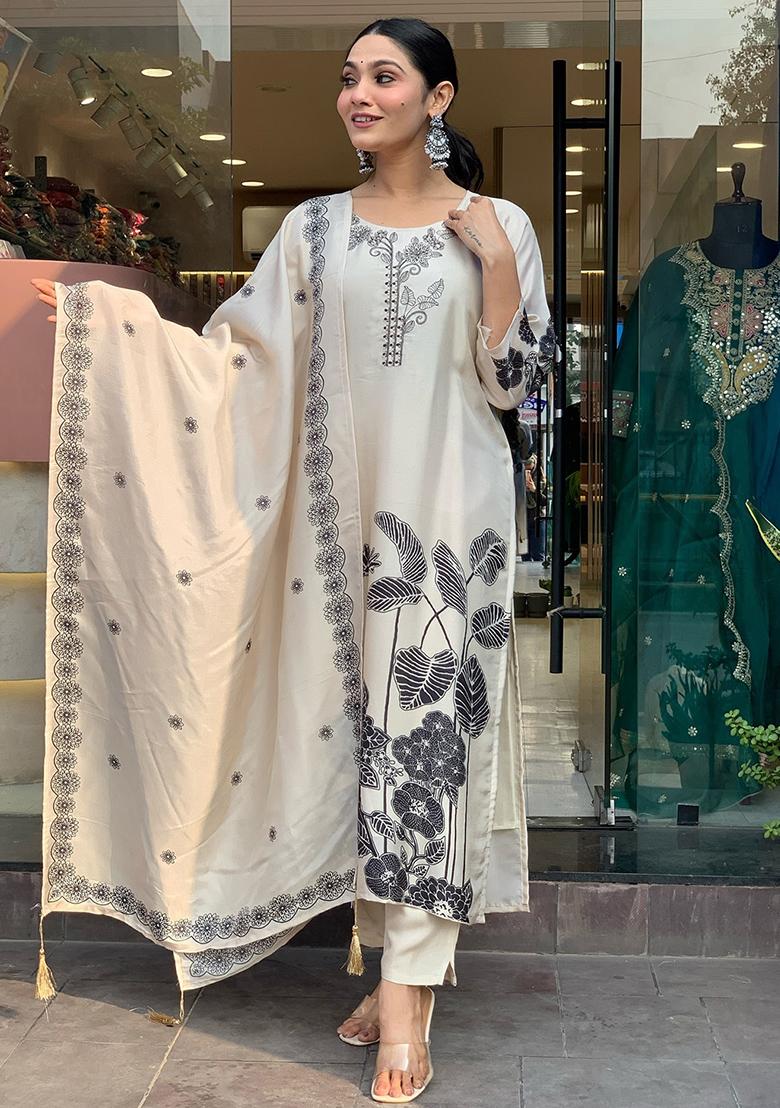 Off White Floral Print Chanderi Silk Kurta Set