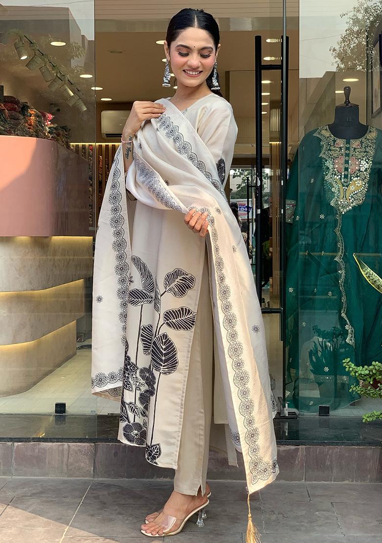 Off White Floral Print Chanderi Silk Kurta Set