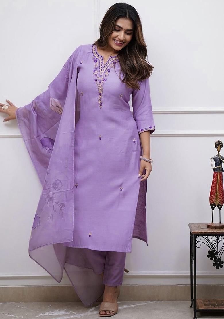 Lavender Embroidered Rayon Kurta Set