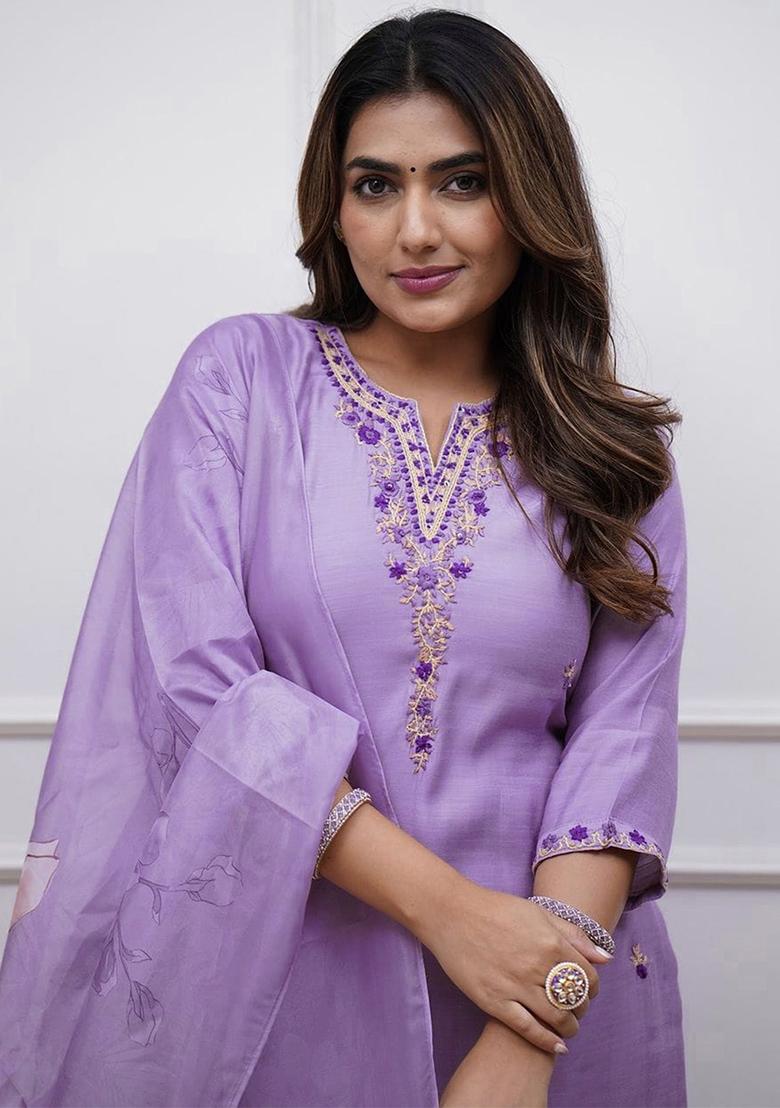 Lavender Embroidered Rayon Kurta Set