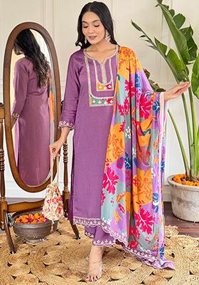 Purple Embroidered Viscose Kurta Set