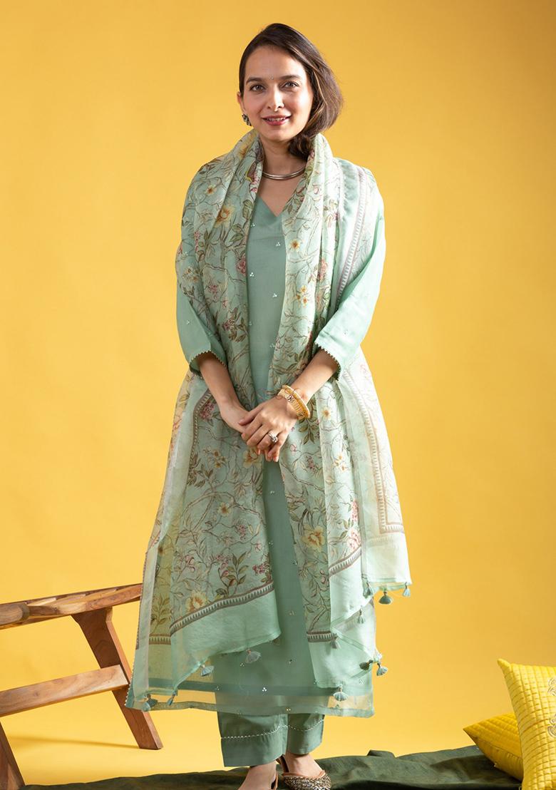 Sea Green Embroidered Viscose Kurta Set