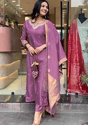 Dark Mauve Embroidered Viscose Kurta Set