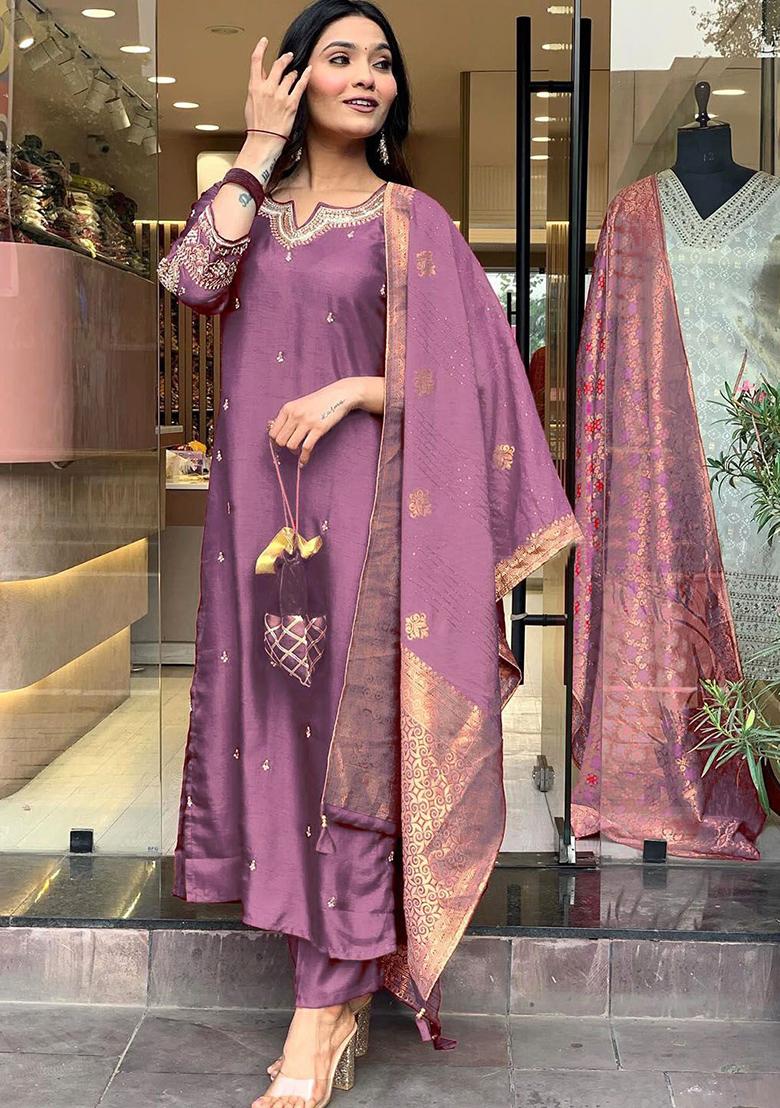 Dark Mauve Embroidered Viscose Kurta Set