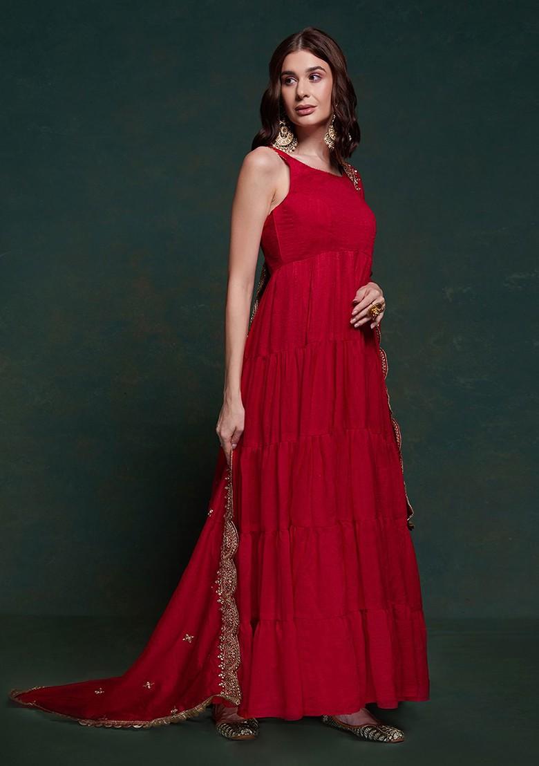 Red Solid Poly Blend Kurta with Dupatta