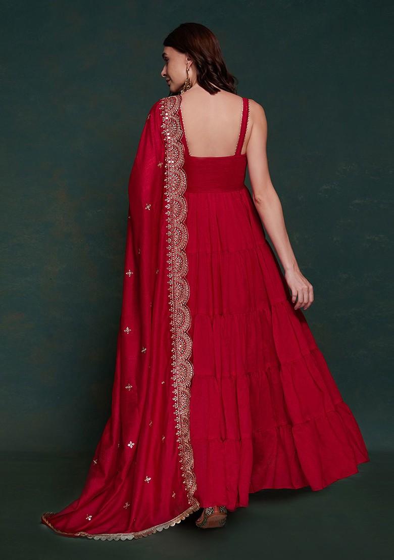 Red Solid Poly Blend Kurta with Dupatta