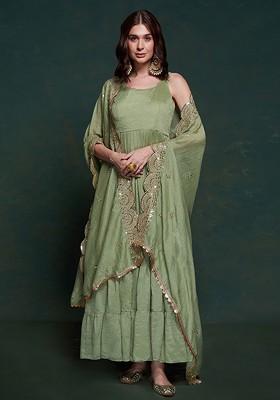 Green Solid Poly Blend Kurta with Dupatta