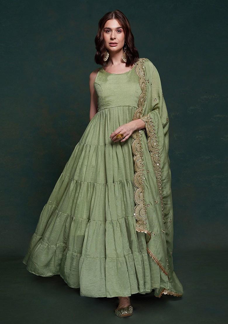 Green Solid Poly Blend Kurta with Dupatta