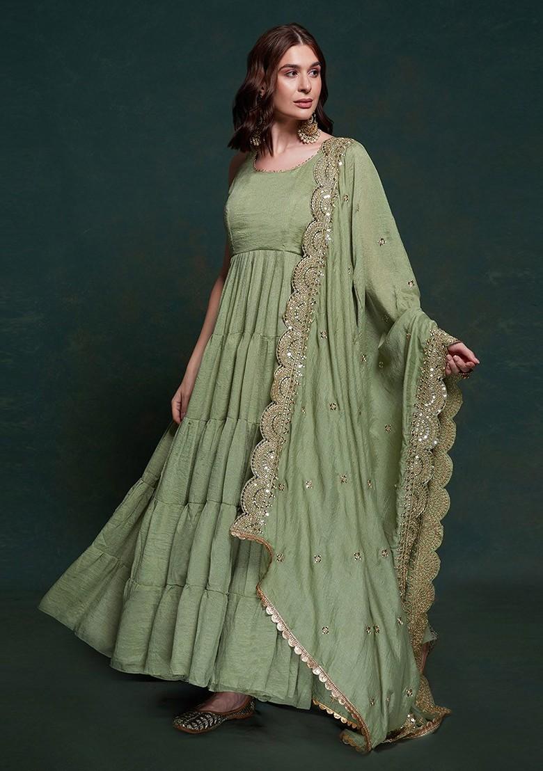 Green Solid Poly Blend Kurta with Dupatta