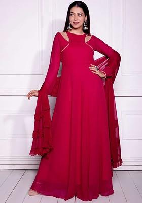 Red Solid Poly Blend Kurta with Dupatta