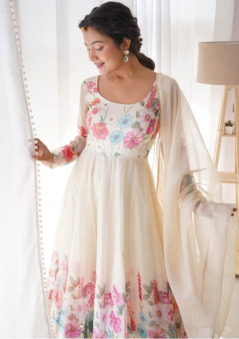 Cream Printed Poly Blend Kurta Sets