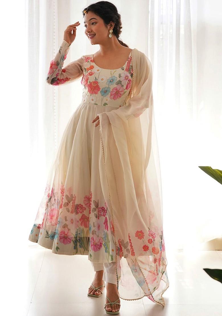 Cream Printed Poly Blend Kurta Sets