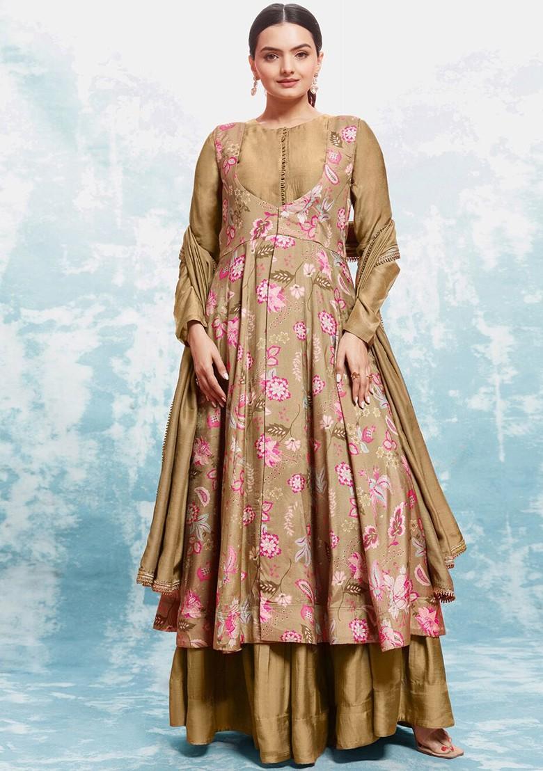 Olive Printed Poly Blend Kurta