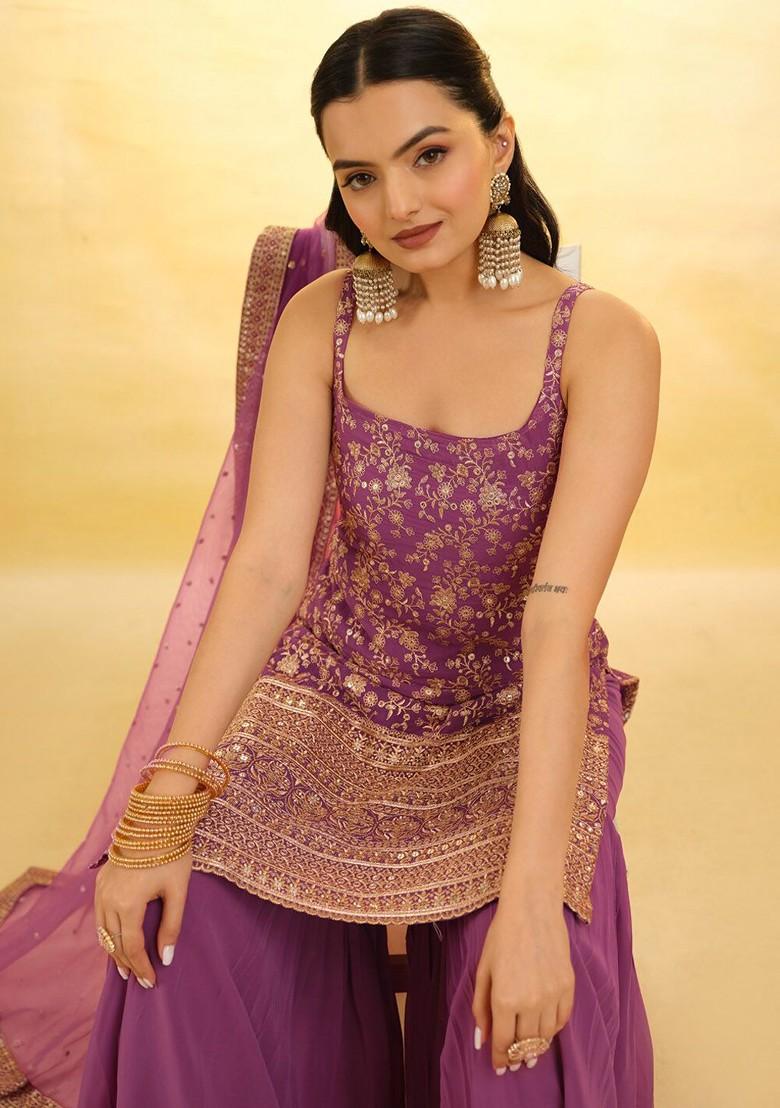 Brown Embroidered Poly Blend Kurta Sets