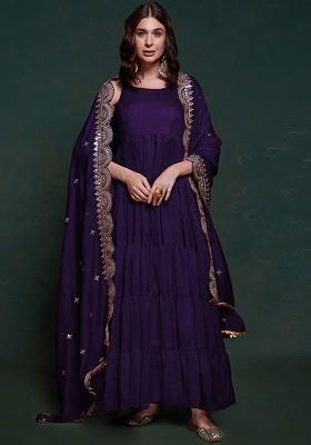 Purple Solid Poly Blend Kurta with Dupatta